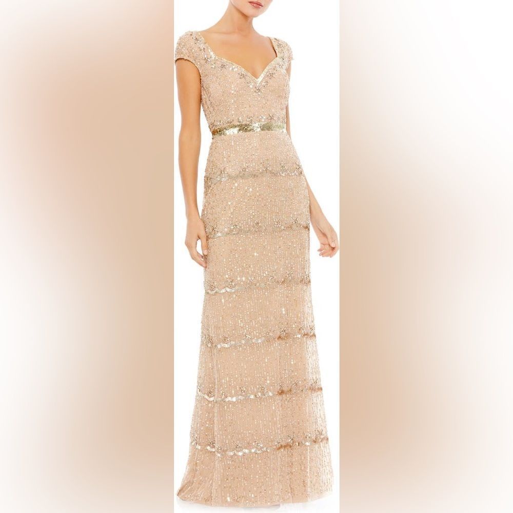 Mac Duggal Champagne Sequin Gown with Gold Accents